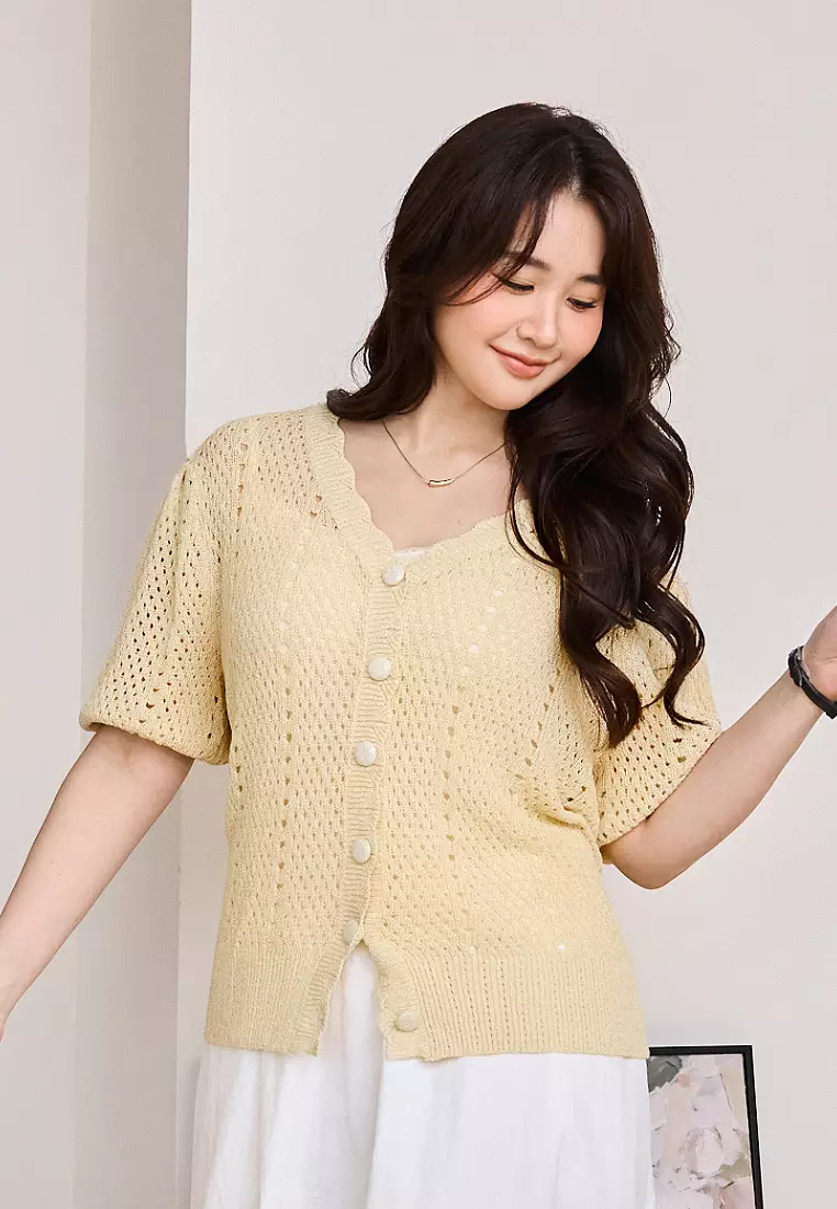Textured Knit V-Neck Cardigan Top [FA2720]