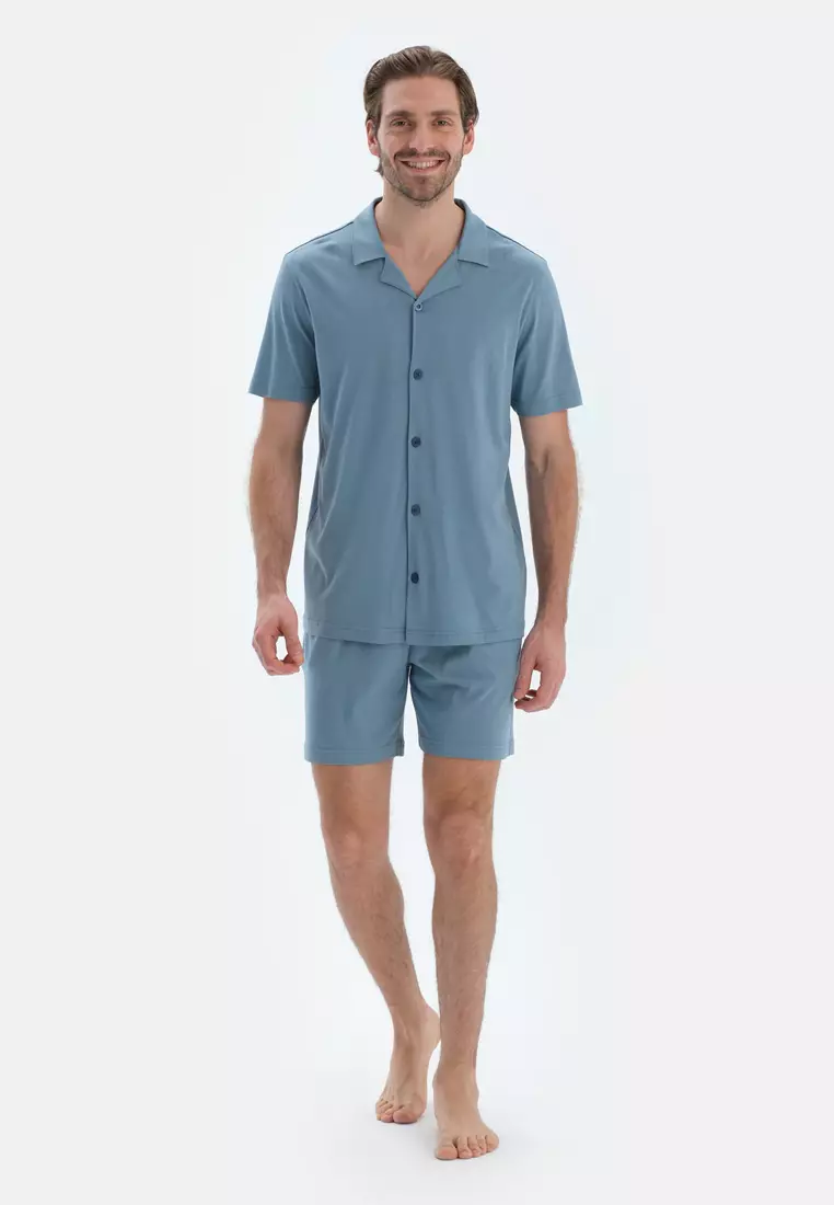 Blue Shirt & Shorts, Shirt Collar, Regular, Short Leg, Short Sleeve Sleepwear for Men