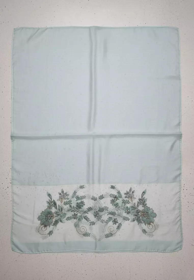 Golden Thread Embroidery Camelia Floral Silk Shawl Syal Sutra Wanita Aqua Marine