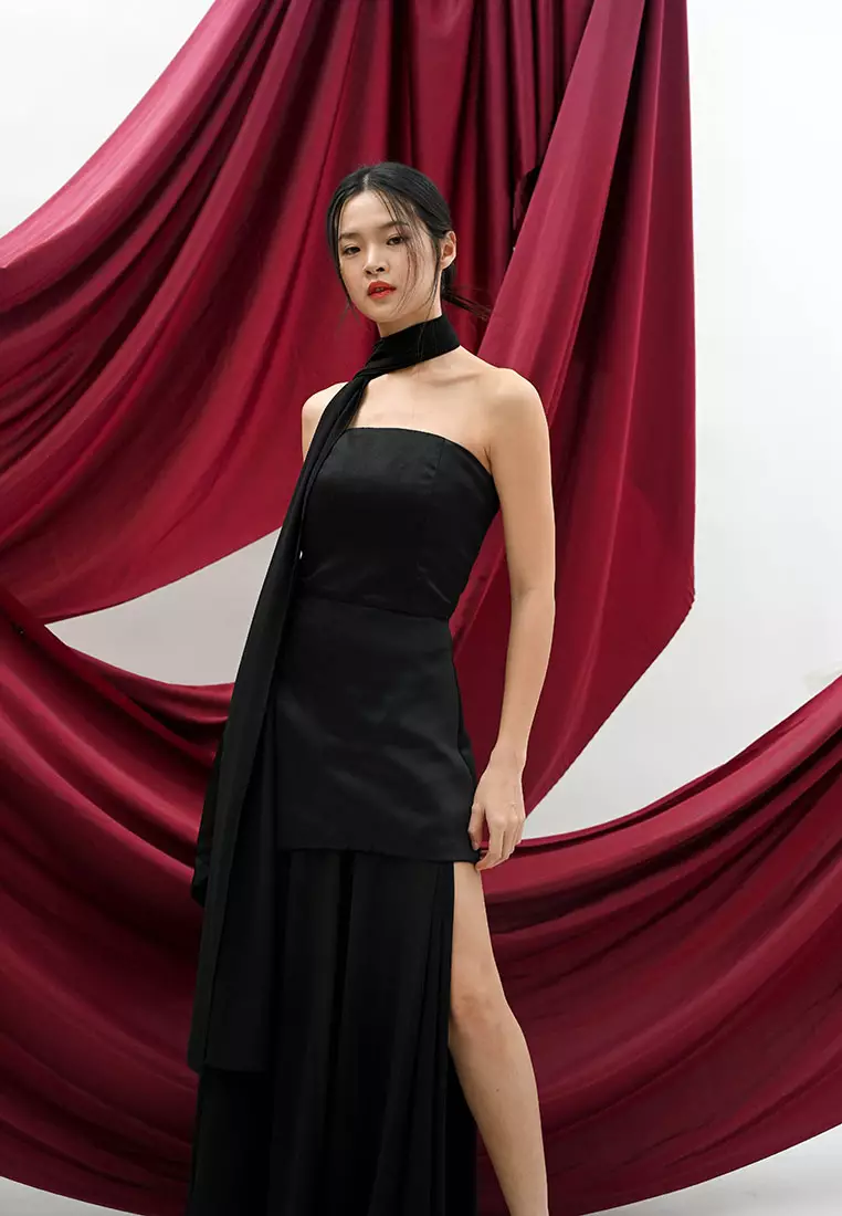 Tube Chiffon Maxi Dress with Scarf in Black