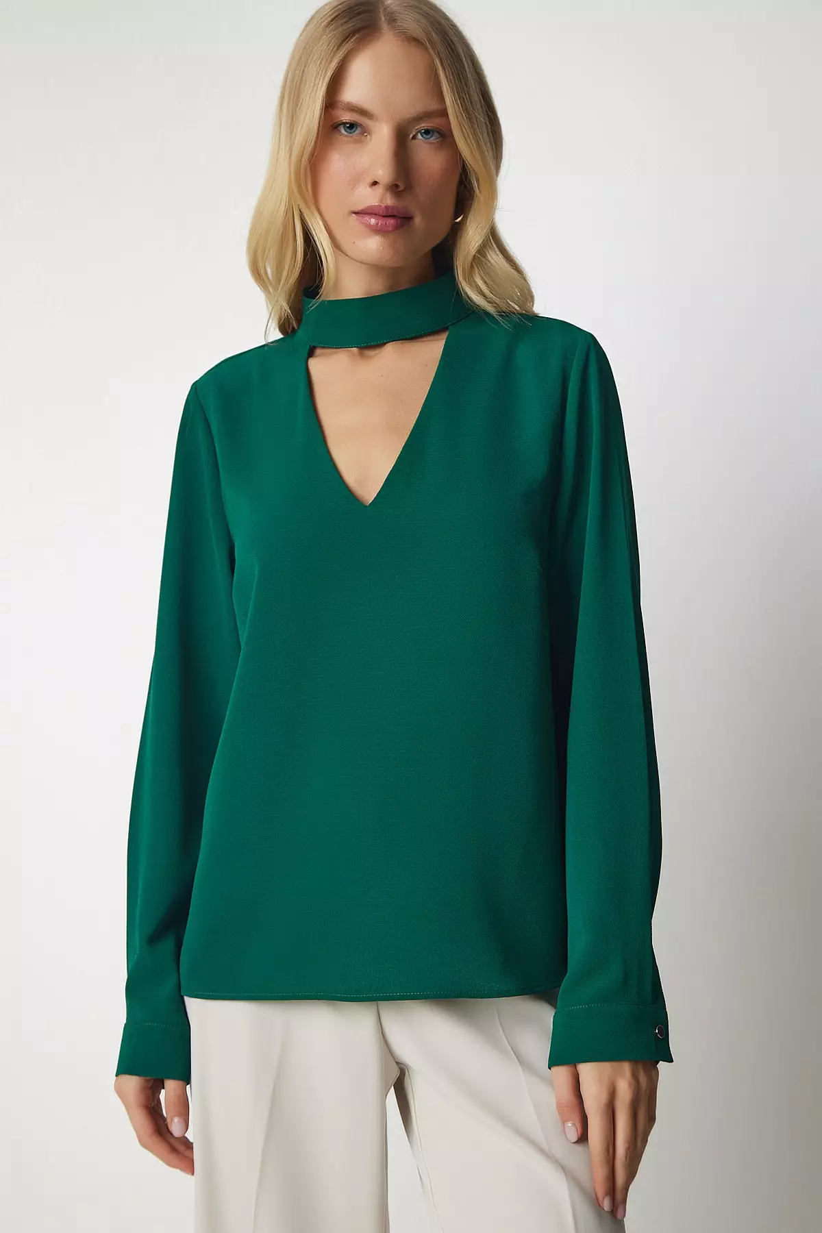 Happiness Istanbul Emerald Green Crepe Blouse with Window Detailed and ...
