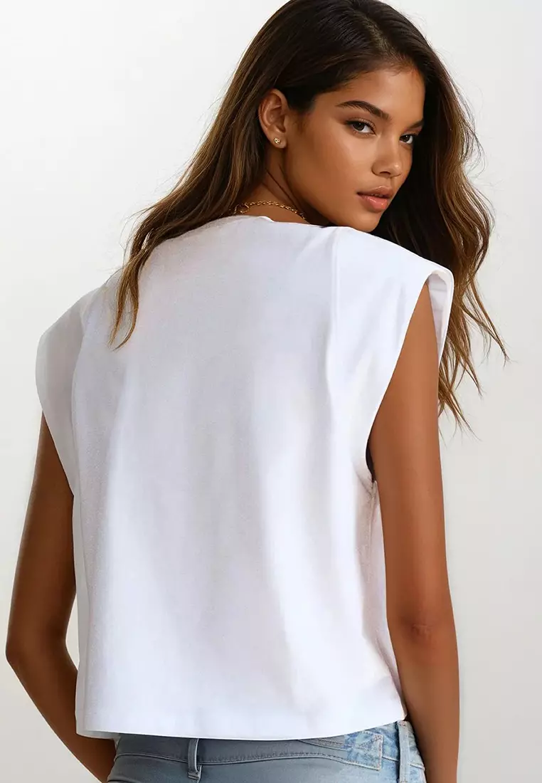 Women's White Crew Neck Shoulder Padded Sleeveless T-Shirt Alc-X14181