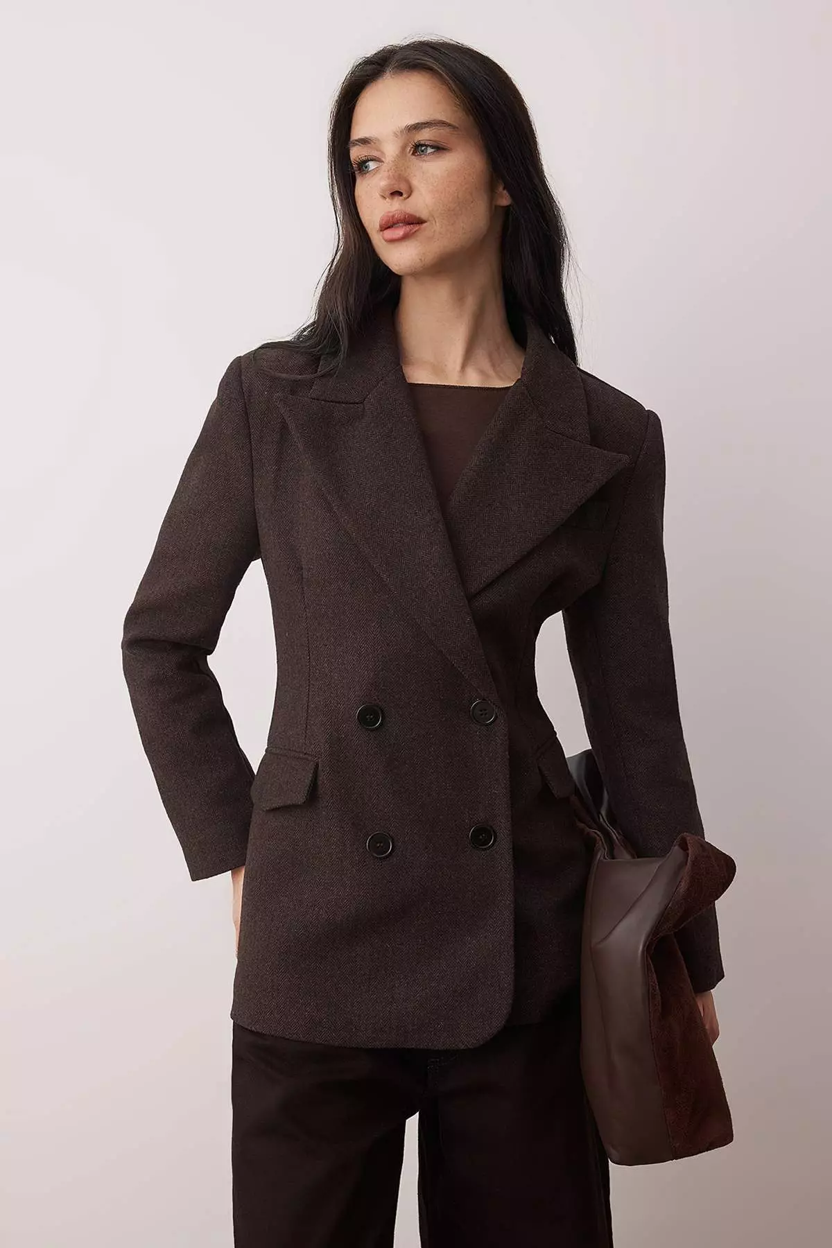 Brown Check Herringbone Double-Breasted Fitted/Fitted Fit Woven Blazer Jacket Twoaw26Bc37