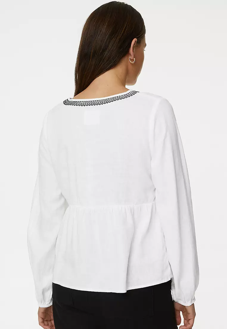 Linen Blend V-Neck Blouse