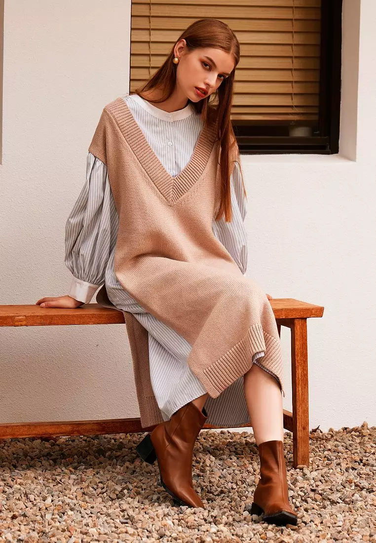 Striped Puff-Sleeve Long Open Top [DA9910]