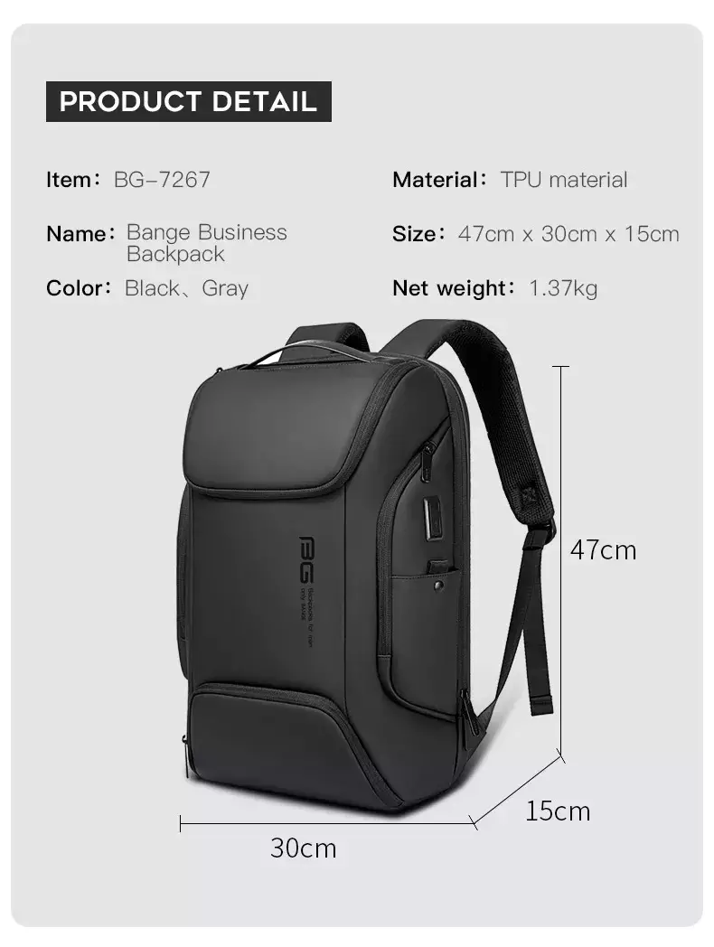 Bange BG7267 Tas Ransel Backpack Laptop Kerja pria 15.6 Inch USB - BLACK