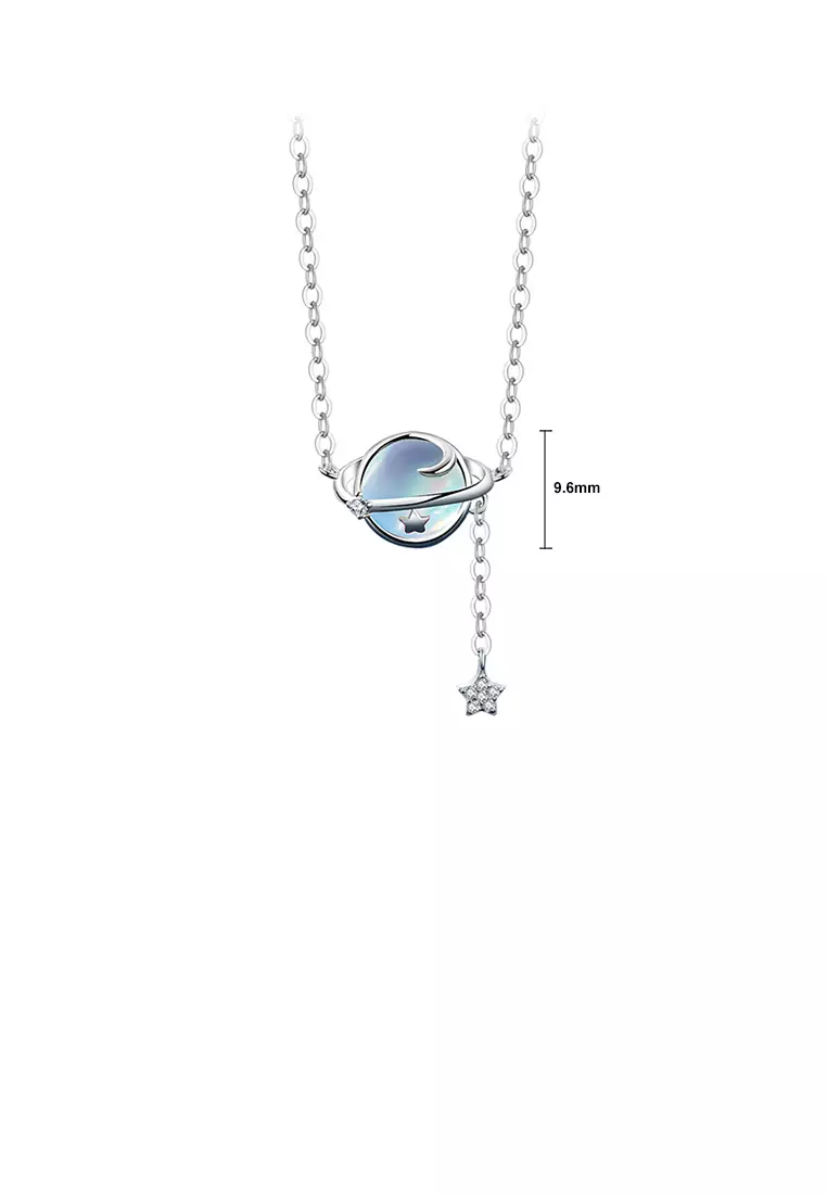 925 Sterling Silver Fashion Temperament Planet Moonstone Tassel Pendant with Cubic Zirconia and Necklace - Luxurious Look