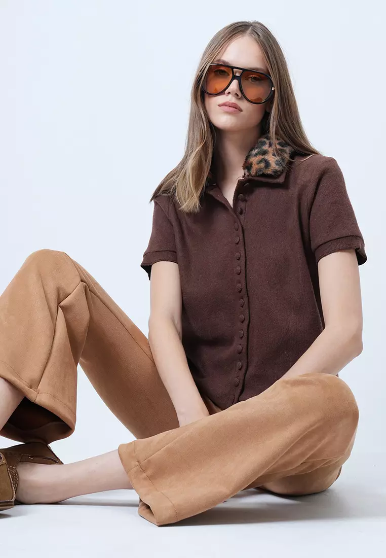 Leopard Detachable Fur Detailed Knitted Blouse