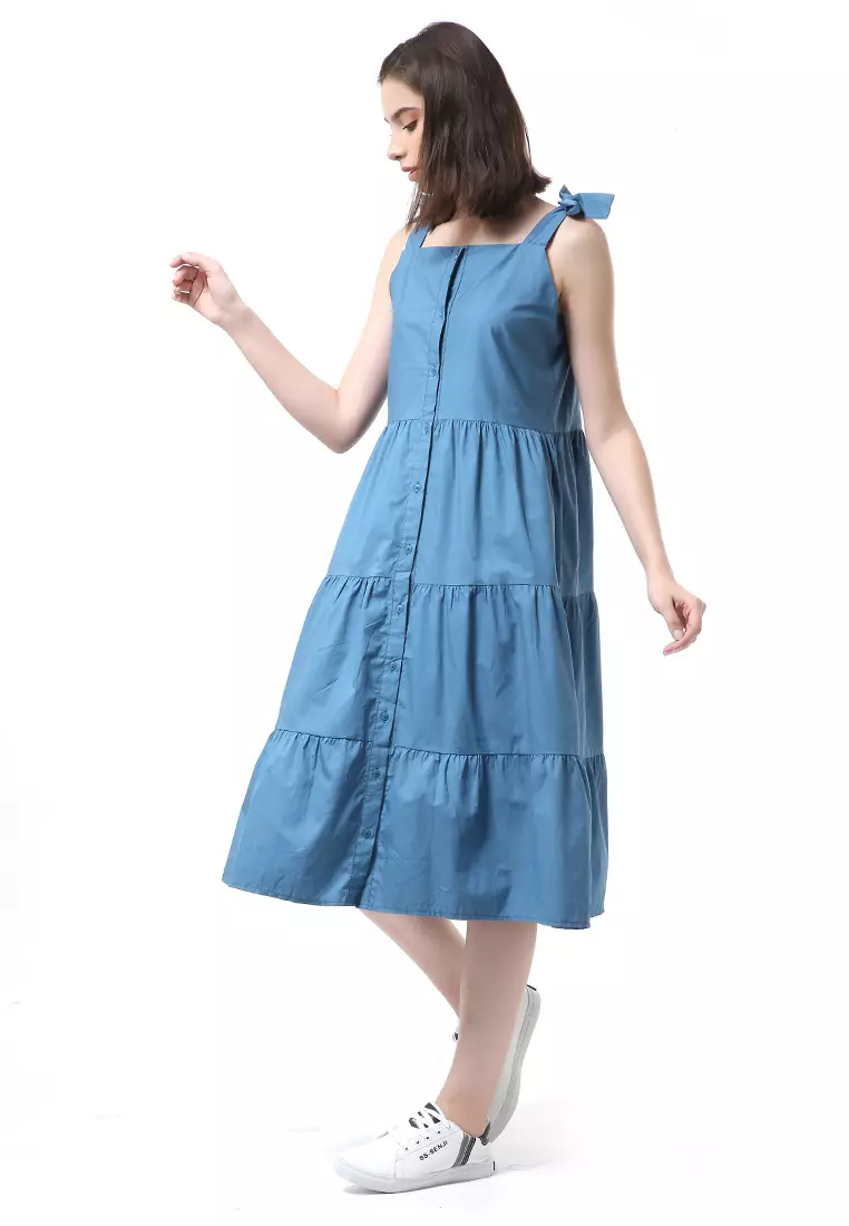 Rachel Dress Ruffle Wanita Tanpa Lengan Full Kancing Stylish Material Cotton ORIGINAL - Blue