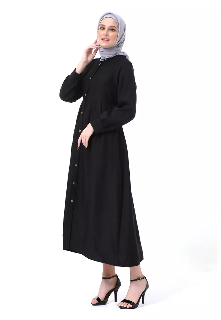 Kiyah Dress Button Muslimah Atasan Wanita Long Sleeve Premium Quality - Hitam