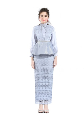 Clary Ice Peplum Blouse with Lace Skirt from Hernani in Grey and Blue