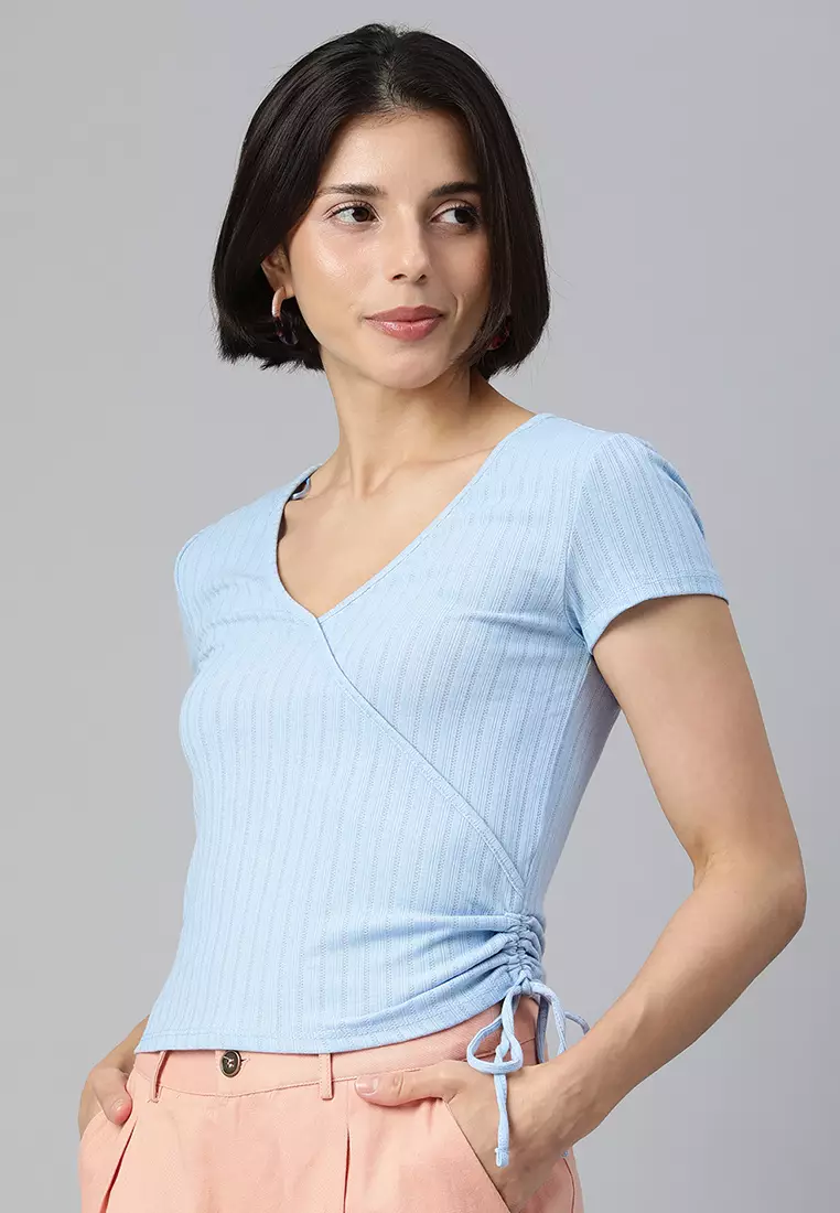 Periwinkle Biru Solid Rib Knit Wrap Top