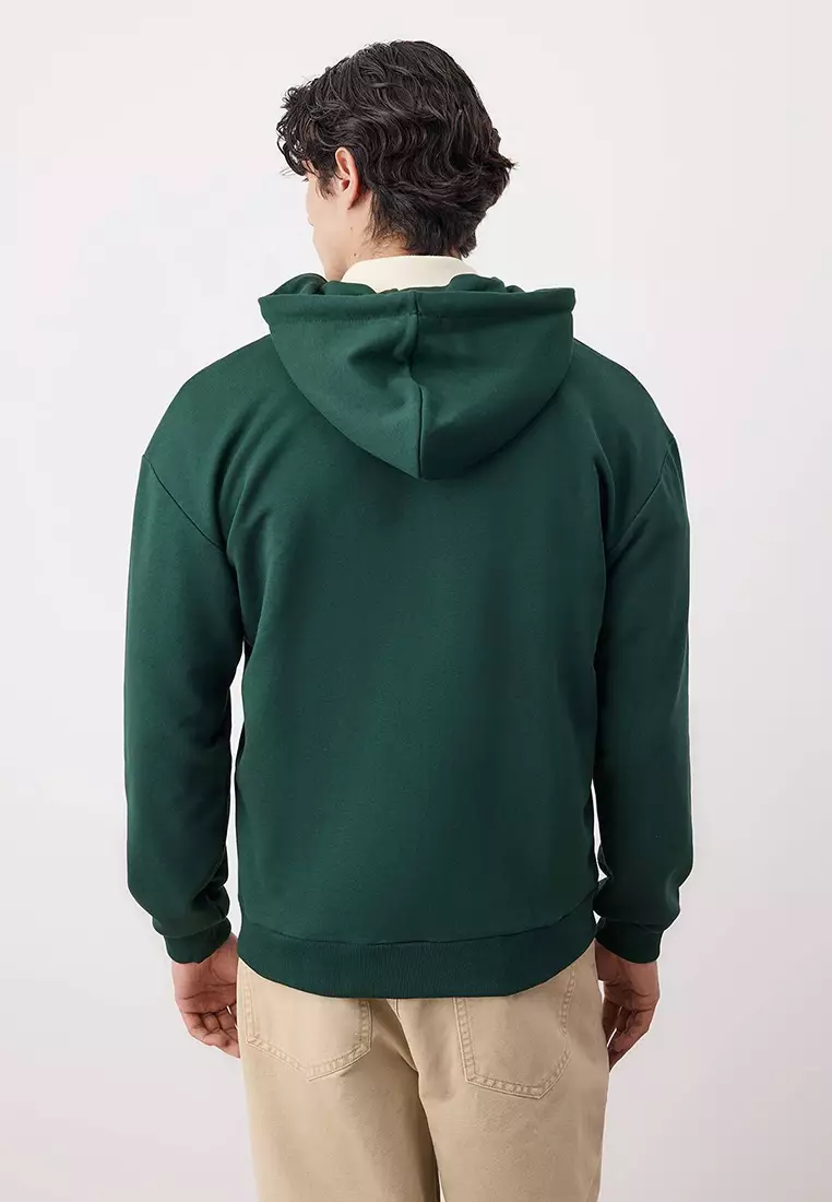 Dark Green Oversize/Wide Cut Zippered Basic Non-Raising Sweatshirt-Cardigan