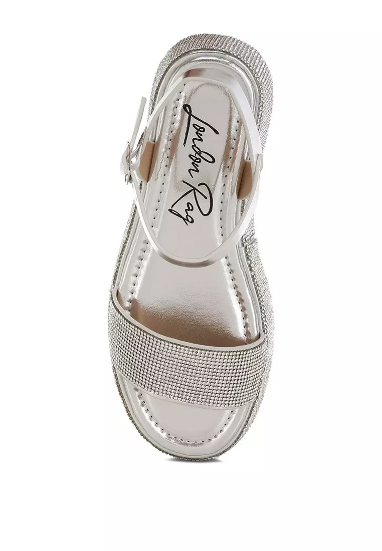 Sandal Platform Berhias Berlian Imitasi Warna Perak