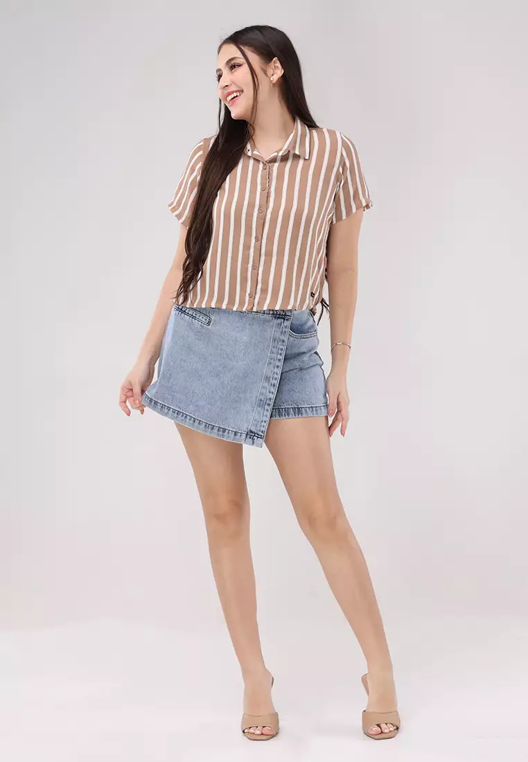 Crumpled Linen 3 Stripes Woven Short Sleeves Blouse