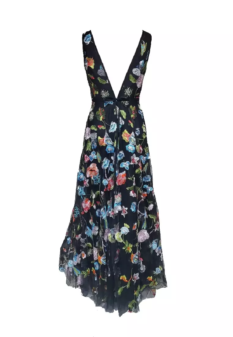 優雅飄逸花卉繡花薄紗晚禮服