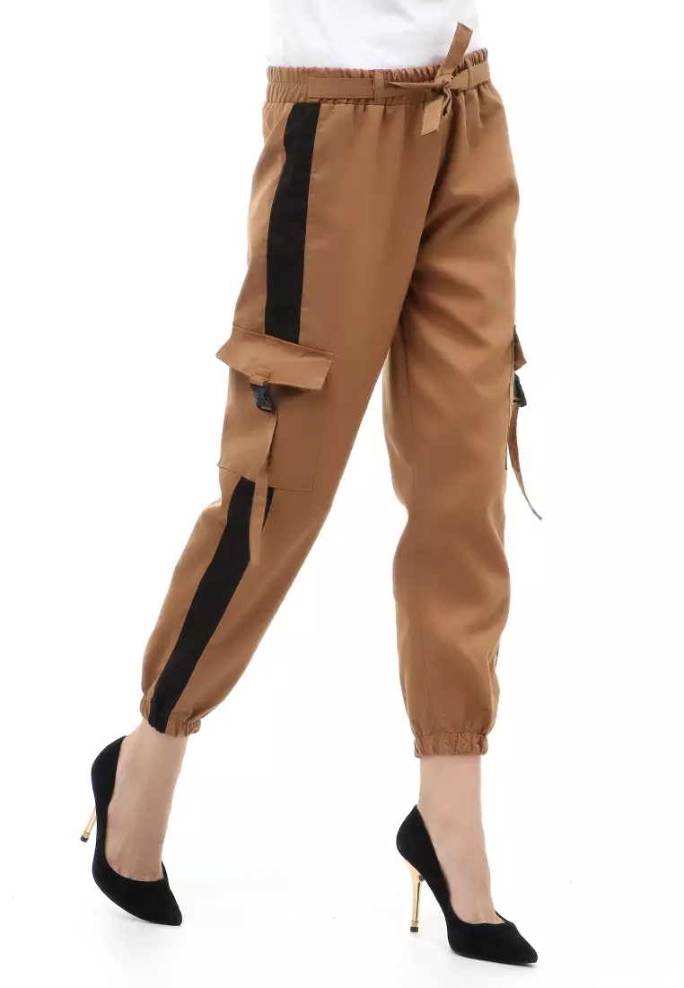 Jourel Celana Panjang Kasual Wanita Jogger Cargo Pants Plered Line Material Cotton ORIGINAL - Mocca Black