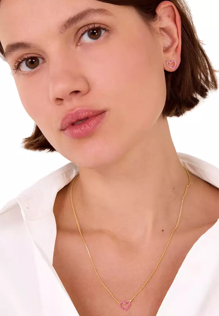 Scrunched Scallops Heart Pendant Necklace And Studs Earrings Set in Fuchsia KL123