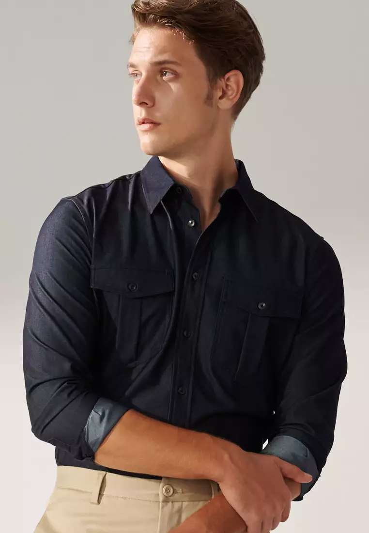 Midight Blue Double Pockets Casual Denim Shirt