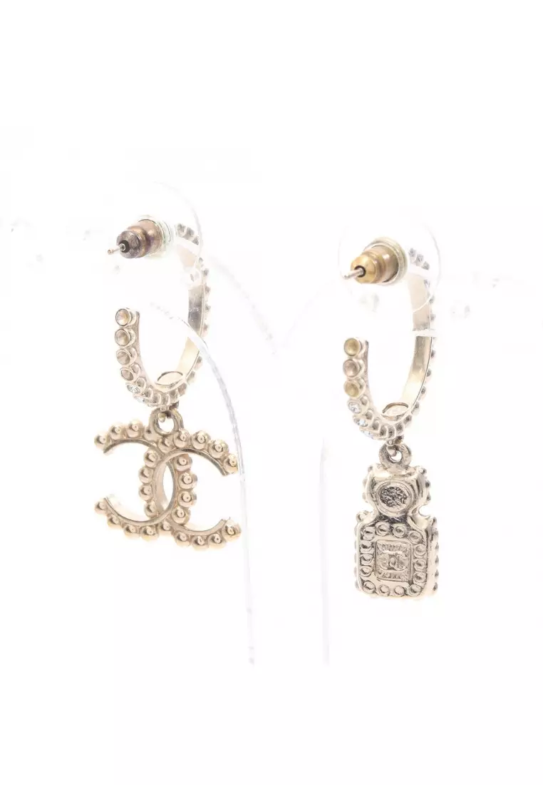 Pre-Loved Chanel coco mark earrings perfume bottle motif GP Rhinestone gold clear black A21K
