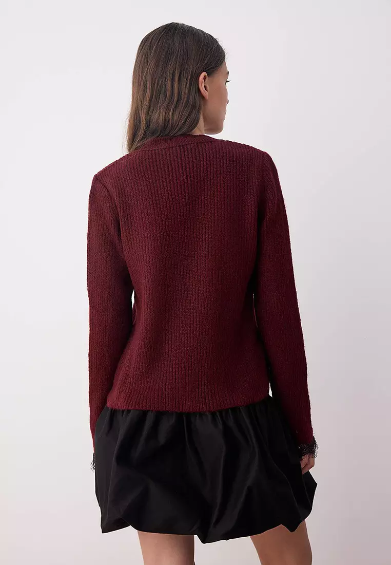 Burgundy Lace Garnished Knit Cardigan Twoaw26Hi00171