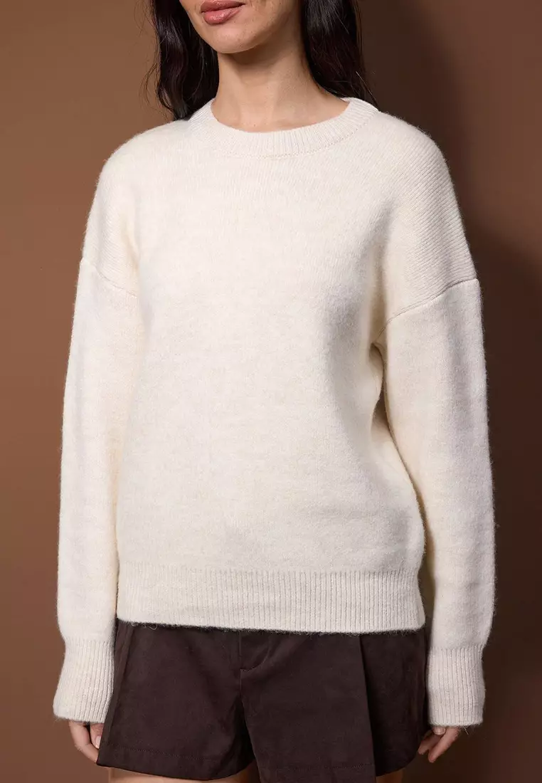Wardrobe Essentials Bone Wool Premium Yarn Basic Wide Fit Knitwear Sweater | Twoaw26Kz65