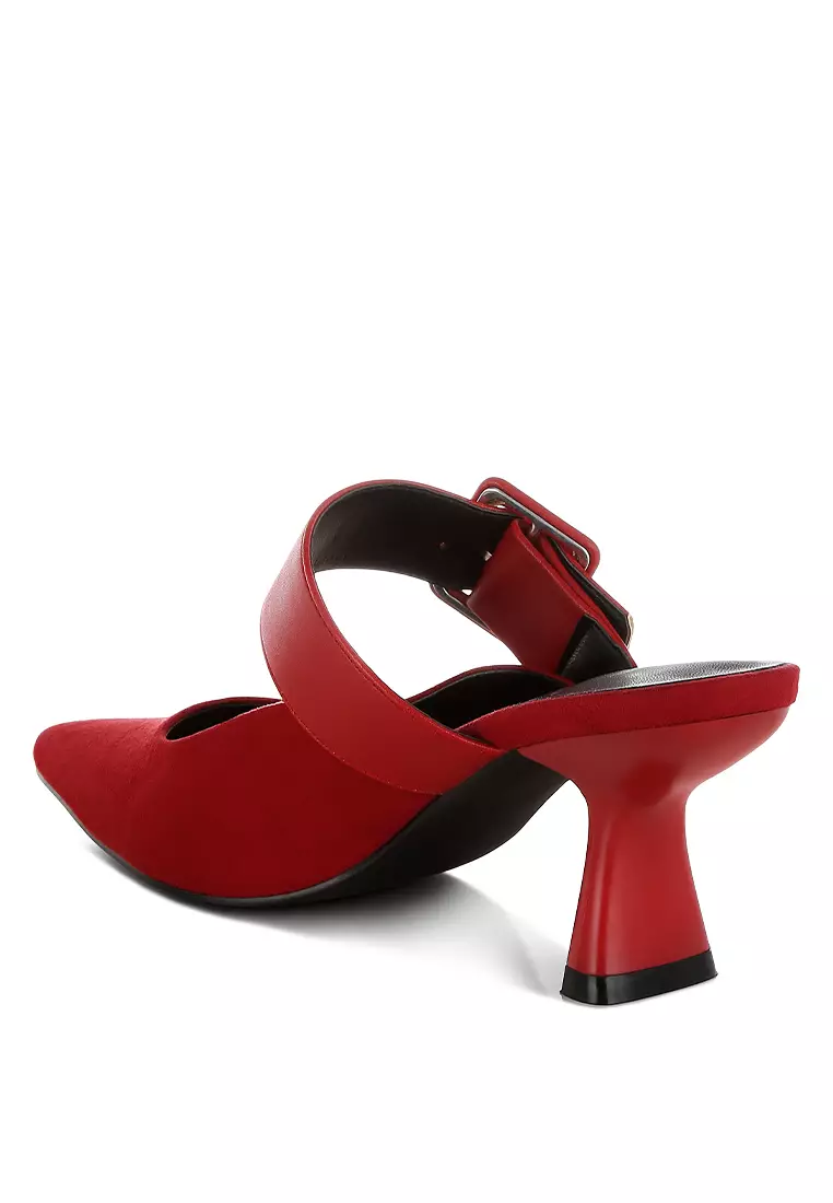 Microfiber Pointy Slip-On Mules in Red
