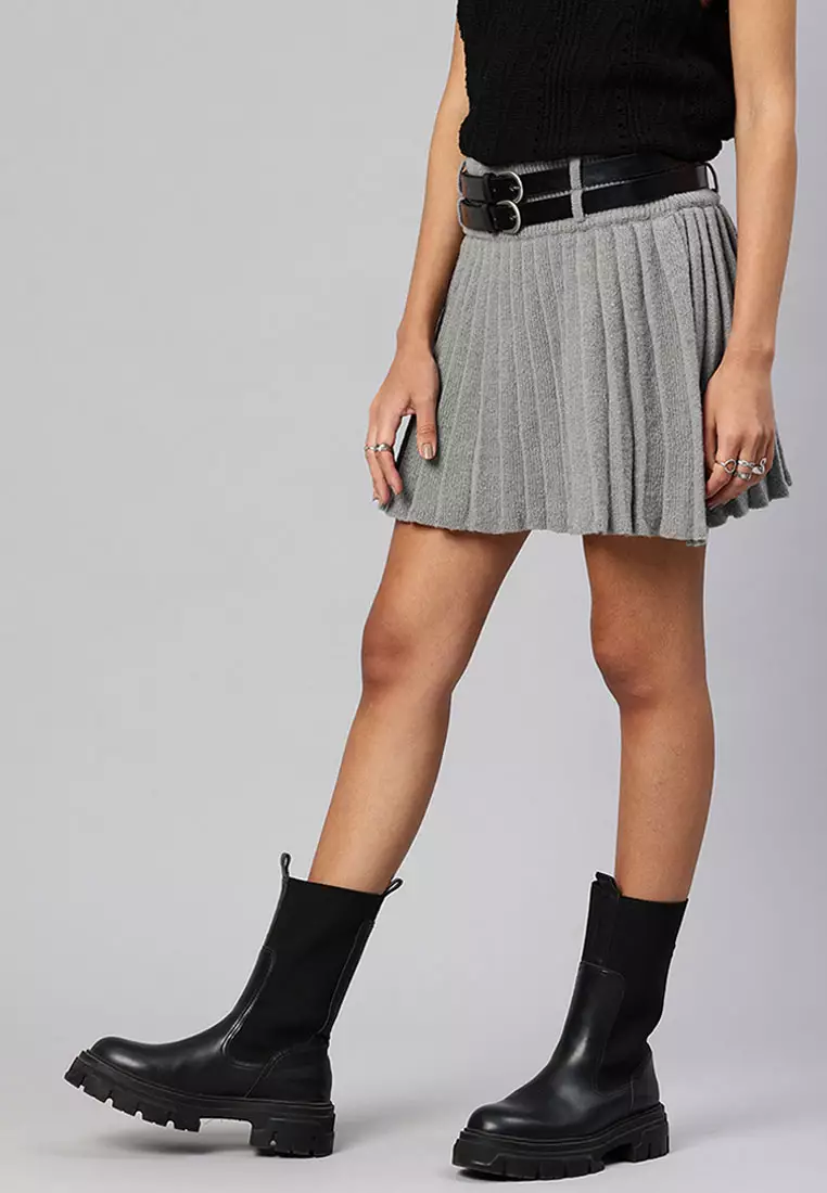 Rok Lipit Sabuk Ganda Warna Abu-abu