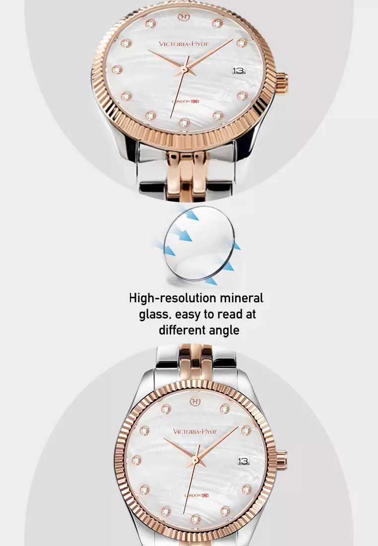 Women's Watch 32mm Round White River Scallops Dial Stainless Steel Strap Calendar Function Rose Mary- White