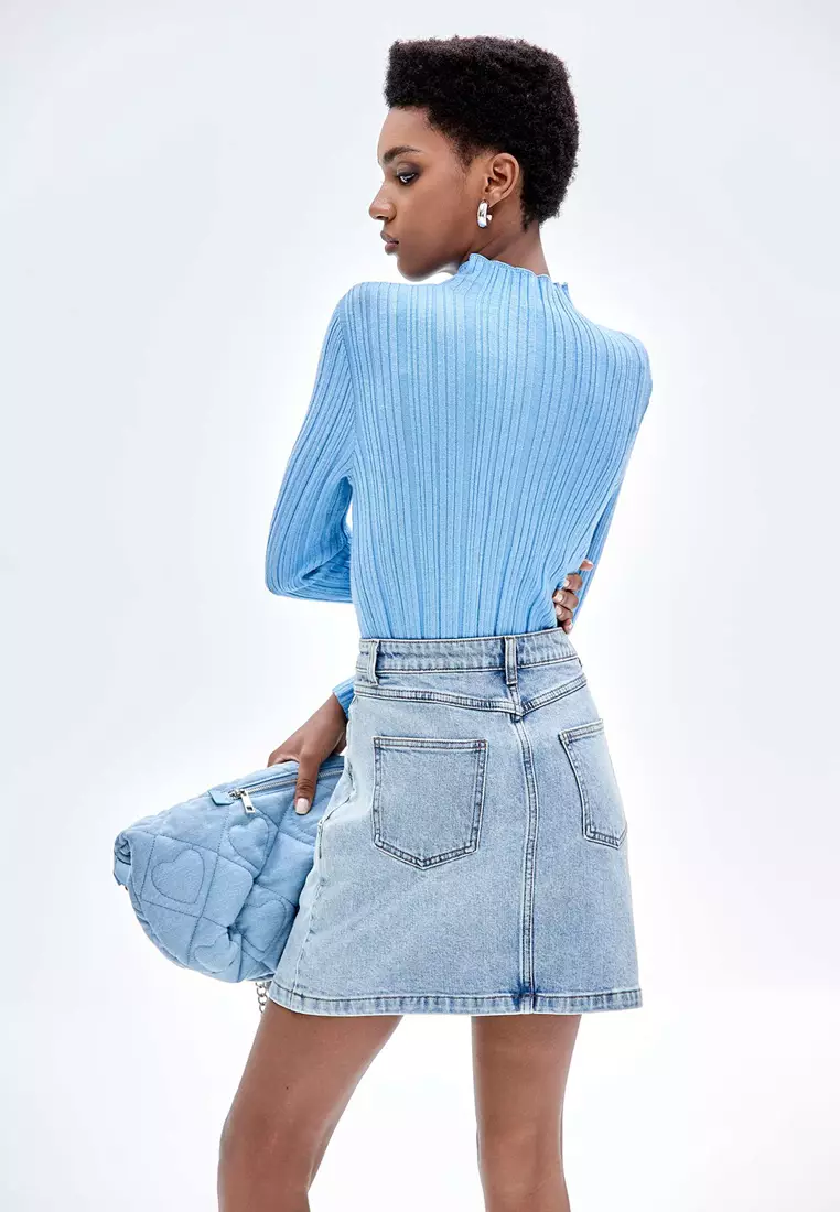 Double Waistband Denim Skirt