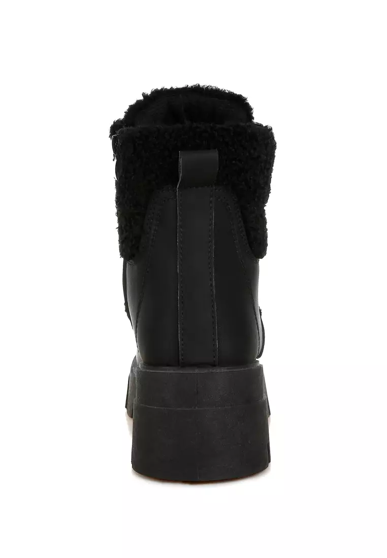 Faux Fur Detail Chunky Hiker Boots in Black