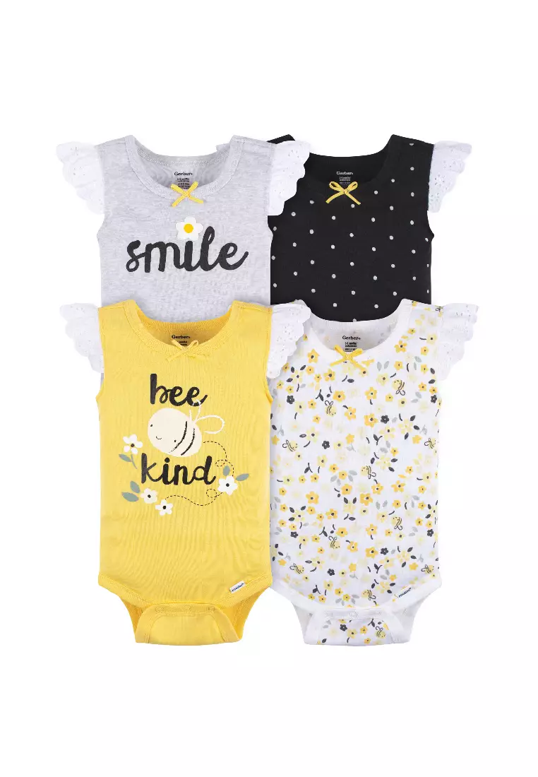 Gerber 4 Pack Baby Girl Bee Kind Sleeveless Onesies Bodysuits