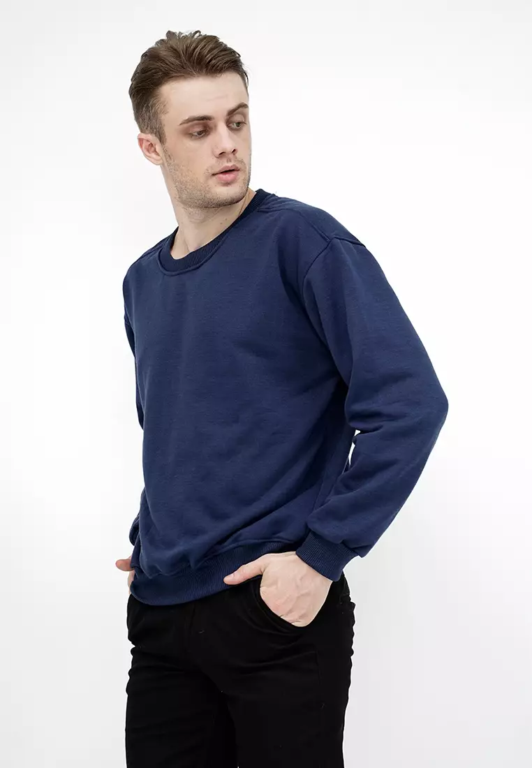 sweater basic lengan panjang baju sweater tebal biru dongker