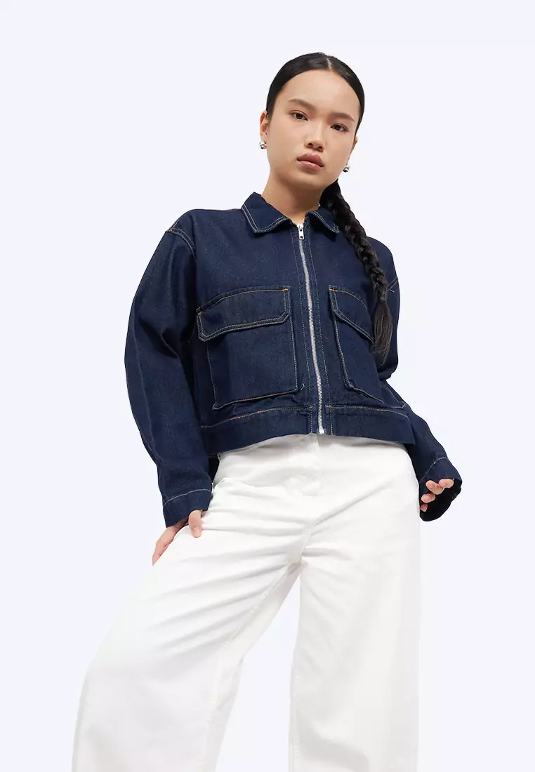 Double Pocket Zip Up Denim Jacket