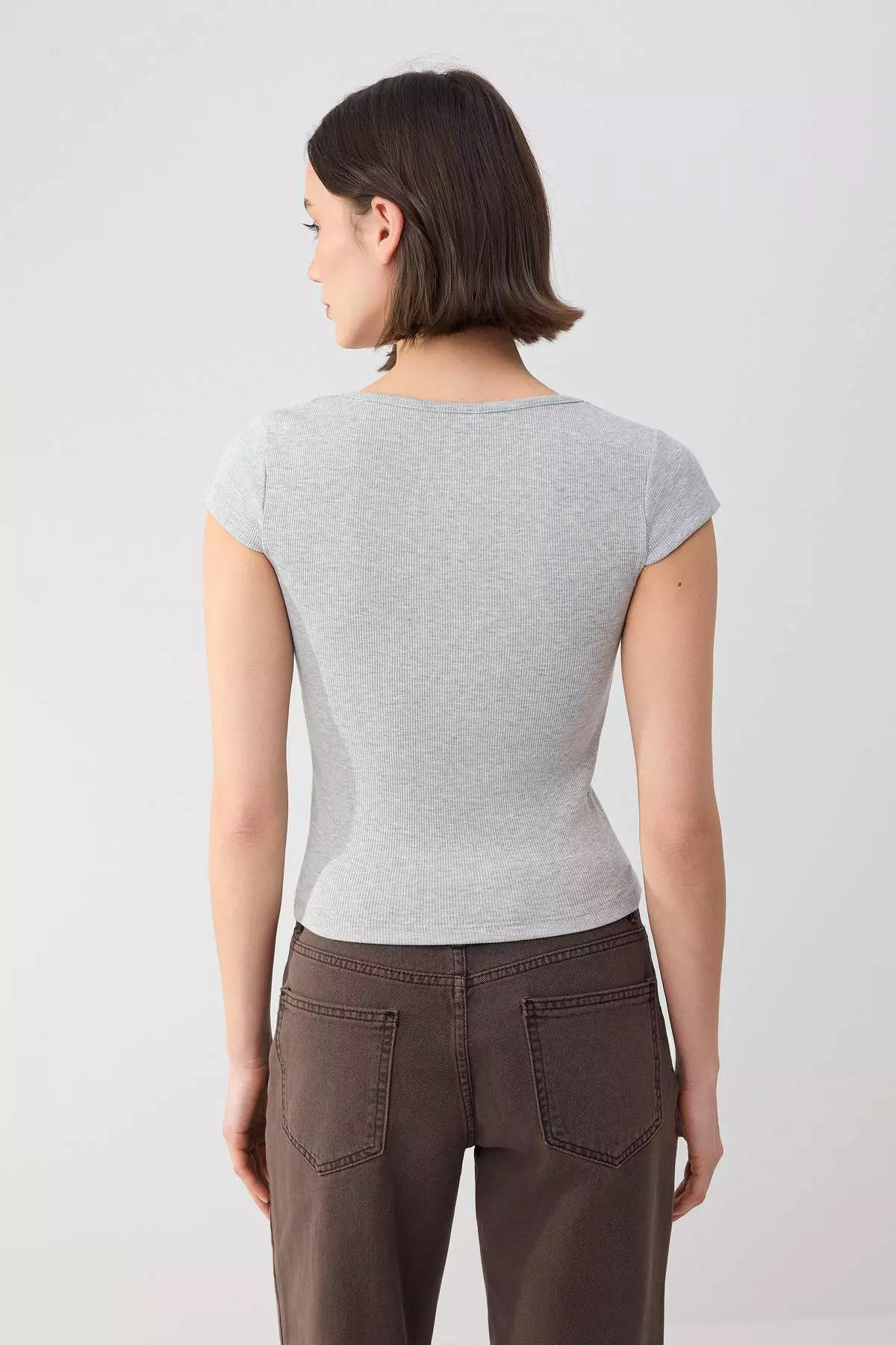 Wardrobe Essentials-Wardrope Essentials Gray Melange Fitted Crop Stretchy Knitted Blouse Twoss26Bz155
