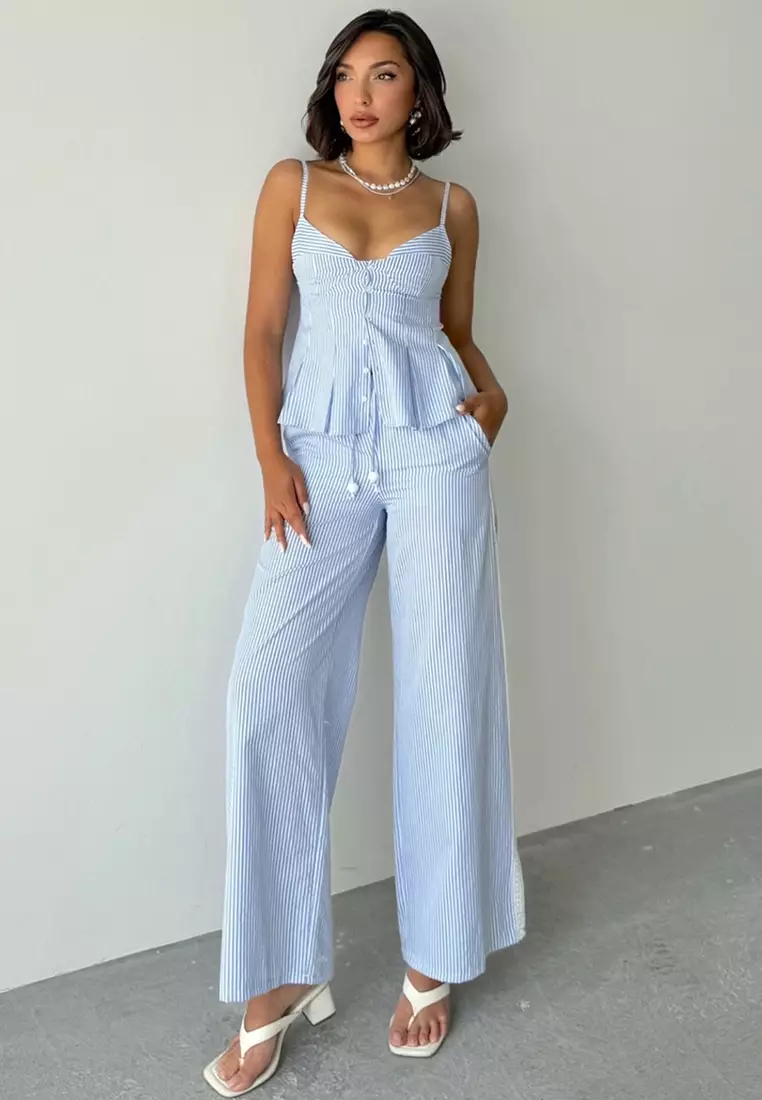 Blue Striped Strap Blouse Pants Bottom Top Set