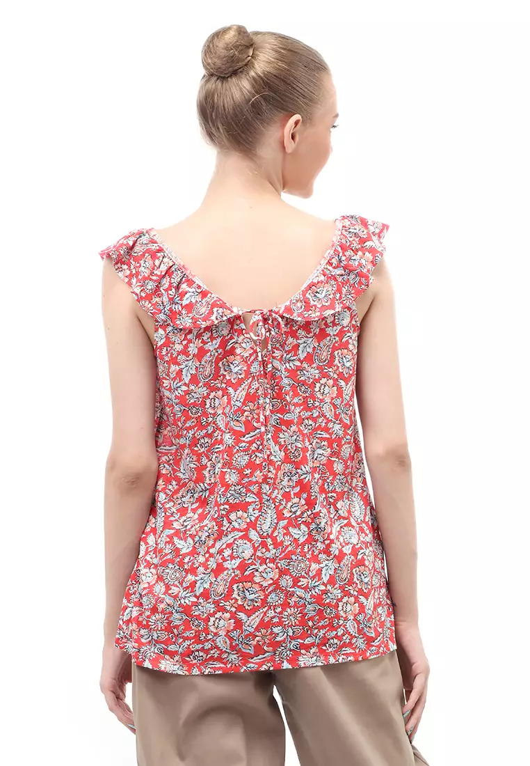 Baju Atasan Ruffled Linen Blend Jersey Wanita Relaxed Fit - Orange Floral