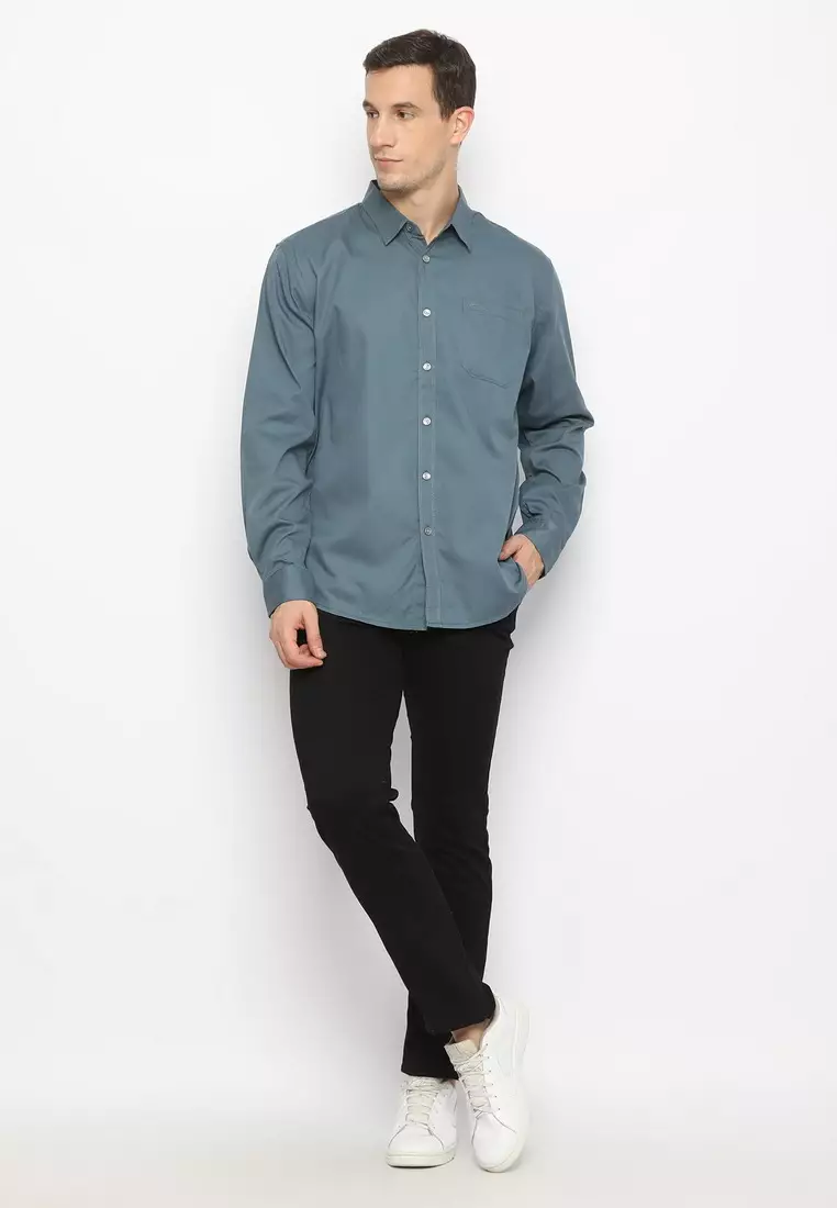 POLICE Kemeja Polos Cotton Twill Blue Grey Regular Fit Lengan Panjang Pria