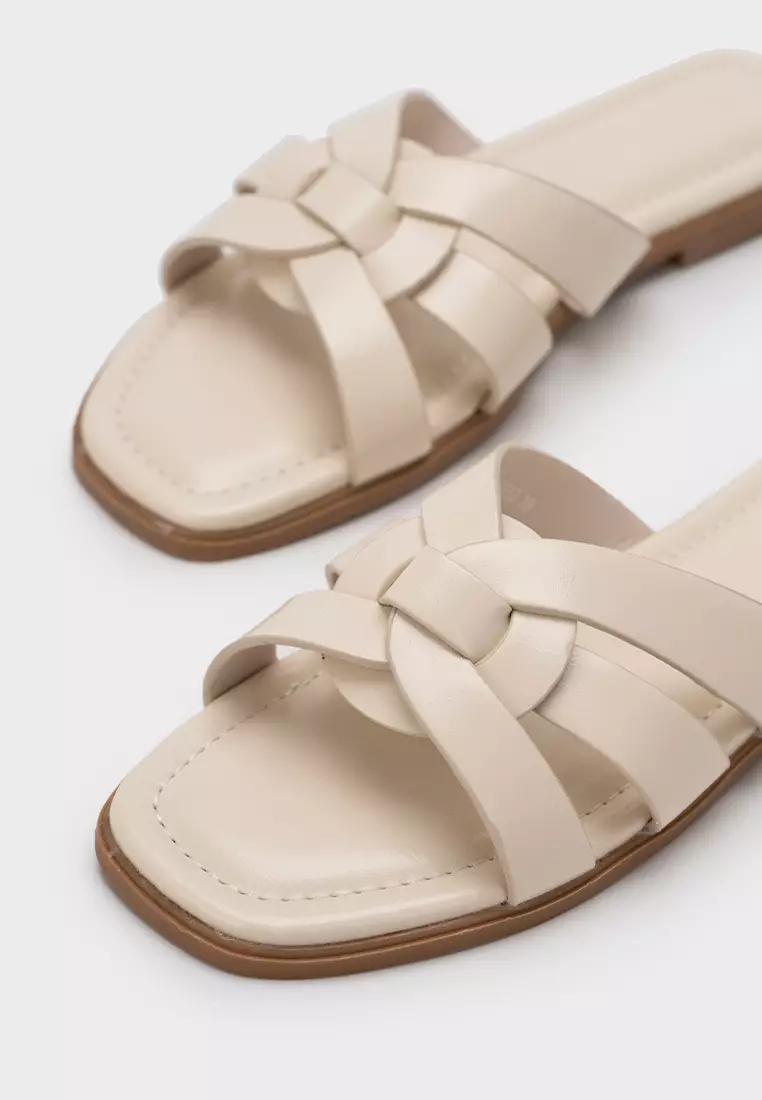 编织带方头平底拖鞋