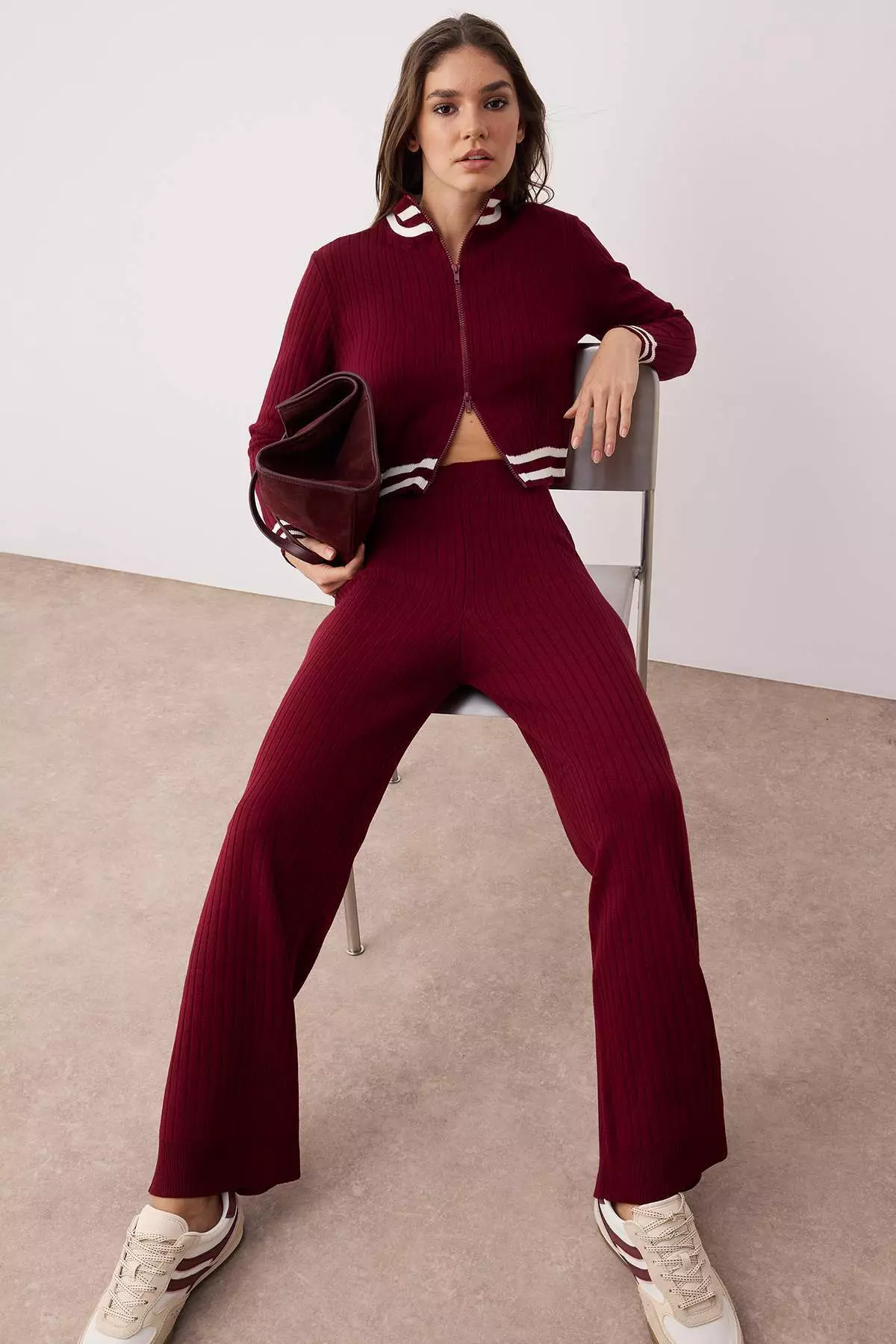 Burgundy Zippered Knitwear Bottom Top Set