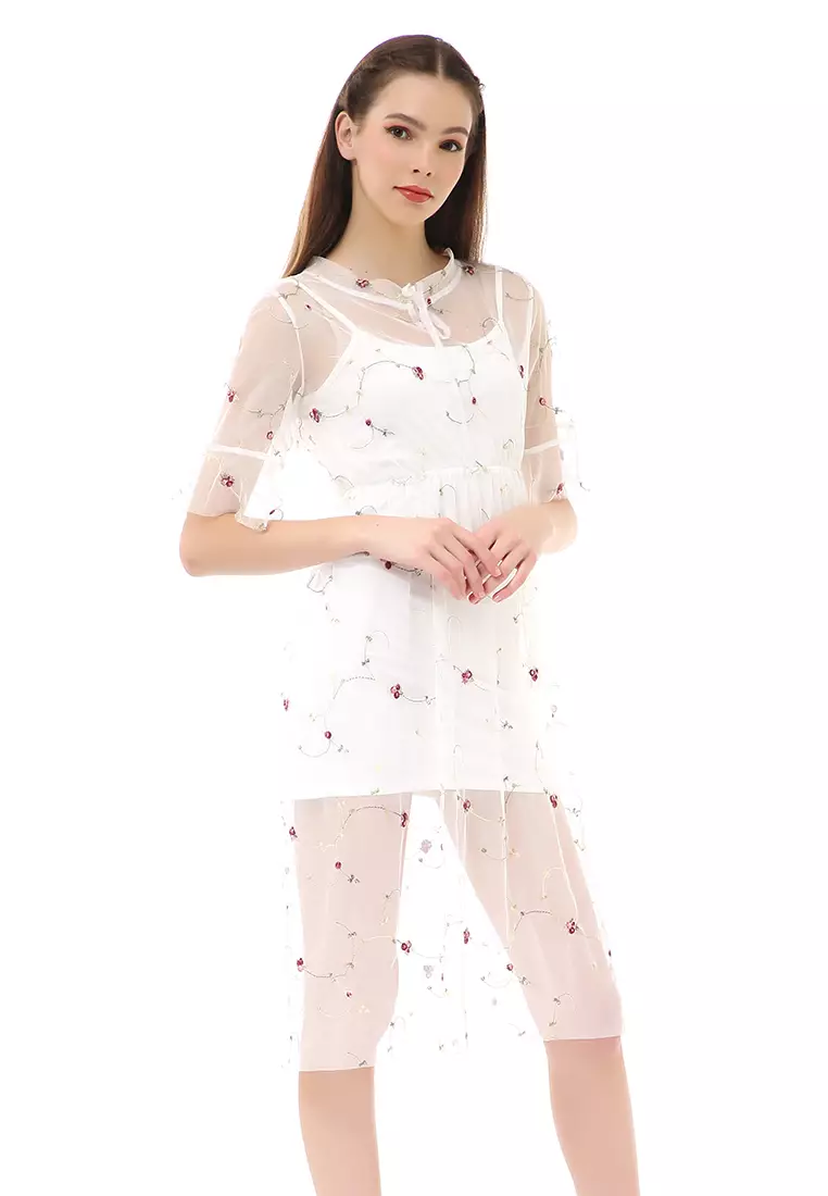 Rachel Midi Dress Wanita Lengan Pendek Koreaan Style Material Brukat ORIGINAL - White