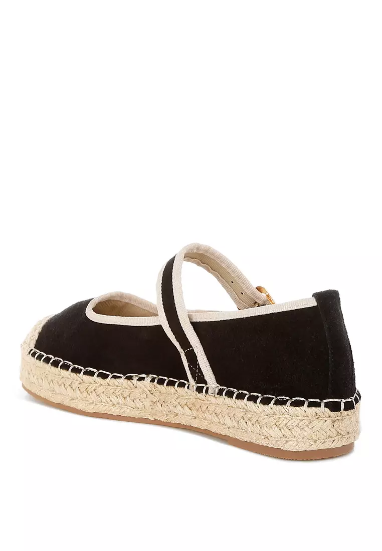 Sepatu Espadrilles Mary Jane Kulit Suede Lembut Warna Hitam