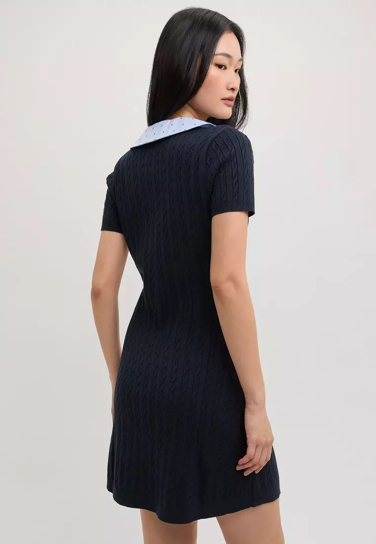 Collar Knit Mini Dress - Navy
