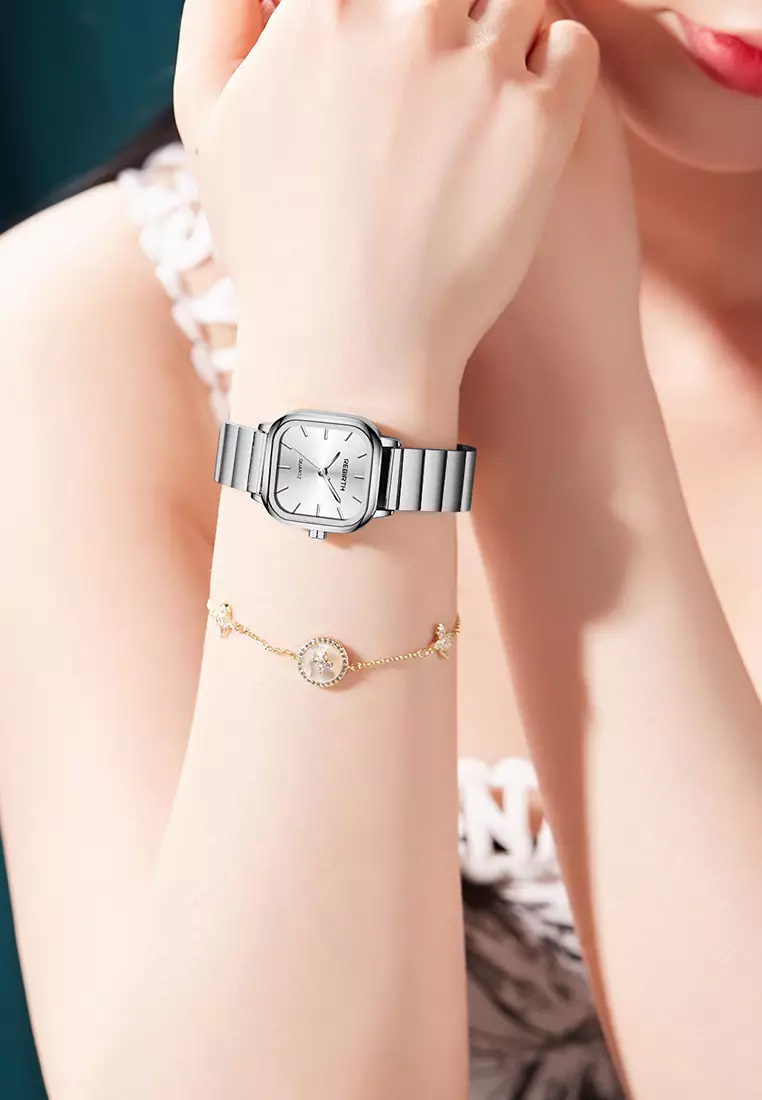 Jam Tangan Wanita Original Square Anggun Tali Stainless Steel perak putih
