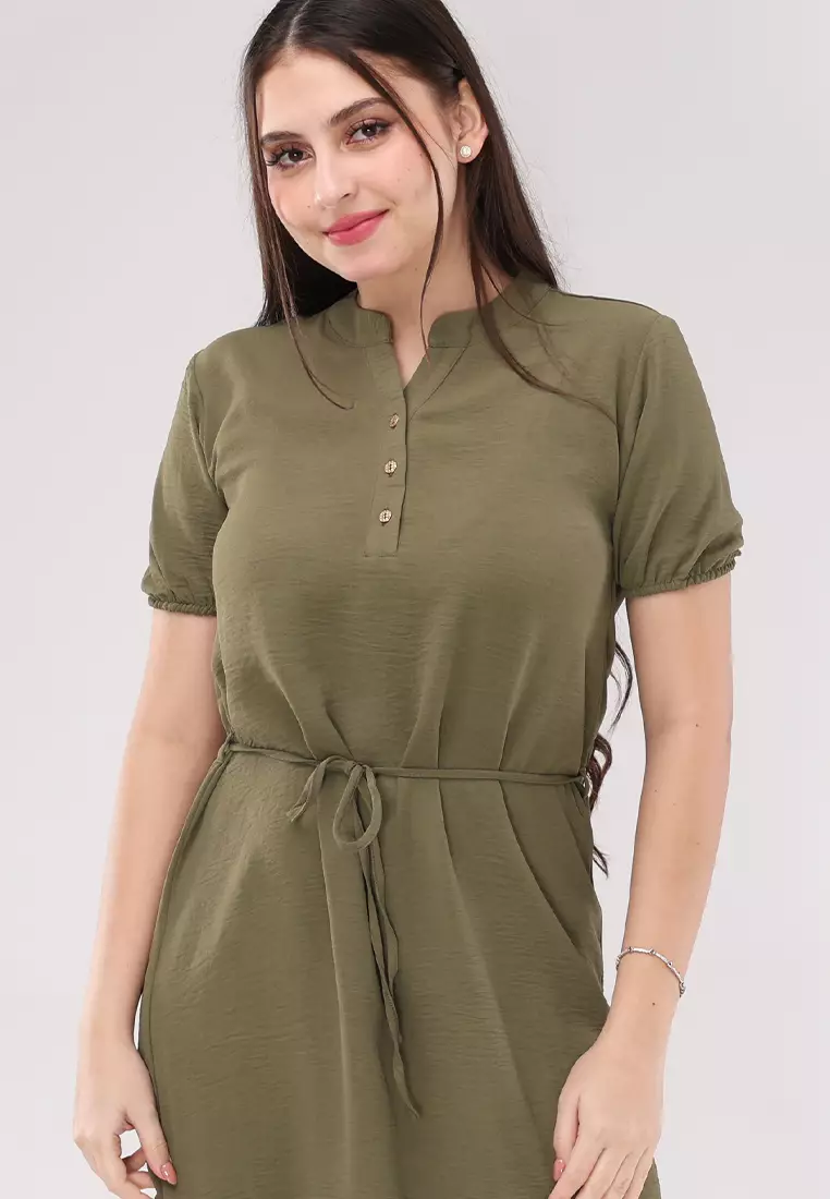 Wrinkled Linen Woven Short Sleeves Dress