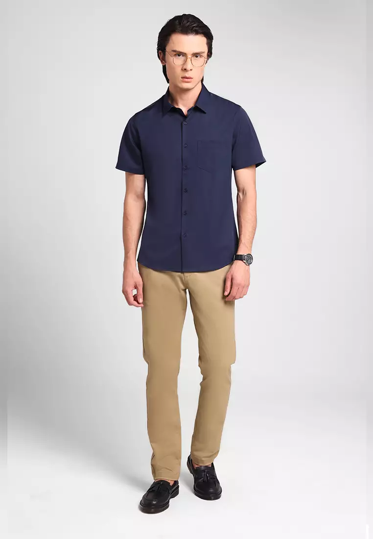 MANZONE -  Kemeja Lengan Pendek Pria Mino 03 Slim Fit - Navy Warna Navy