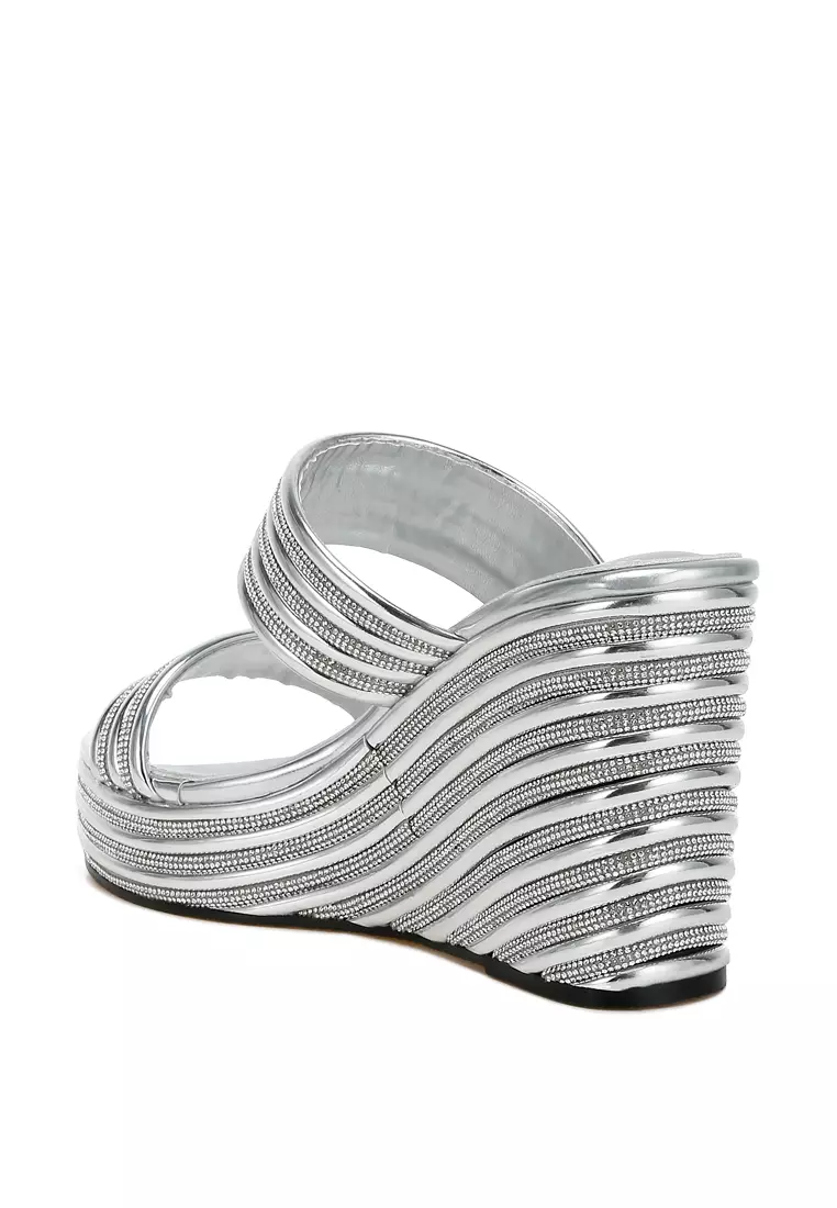Metallic Faux Leather Wedge Sandals in Silver
