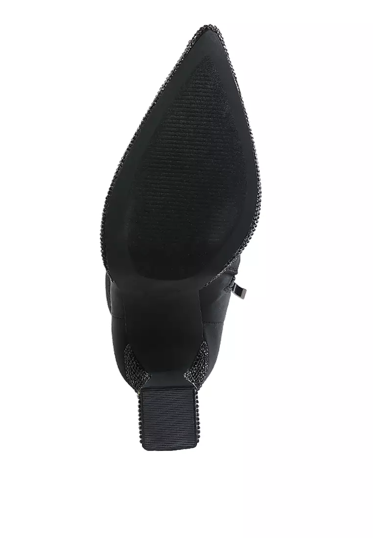 Sepatu Bot Pergelangan Kaki Berdetail Berlian Imitasi Lycra Warna Hitam