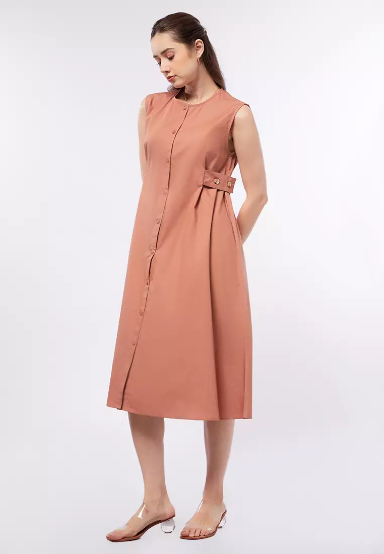 Jual Et Cetera Sleeveless Midi Dress With Side Button Brown Original Zalora Indonesia