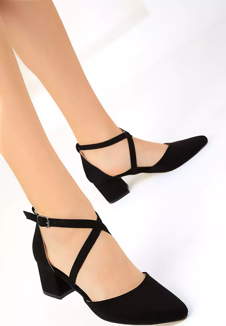 Pointed Toe Crossover Strap Low Block Heels